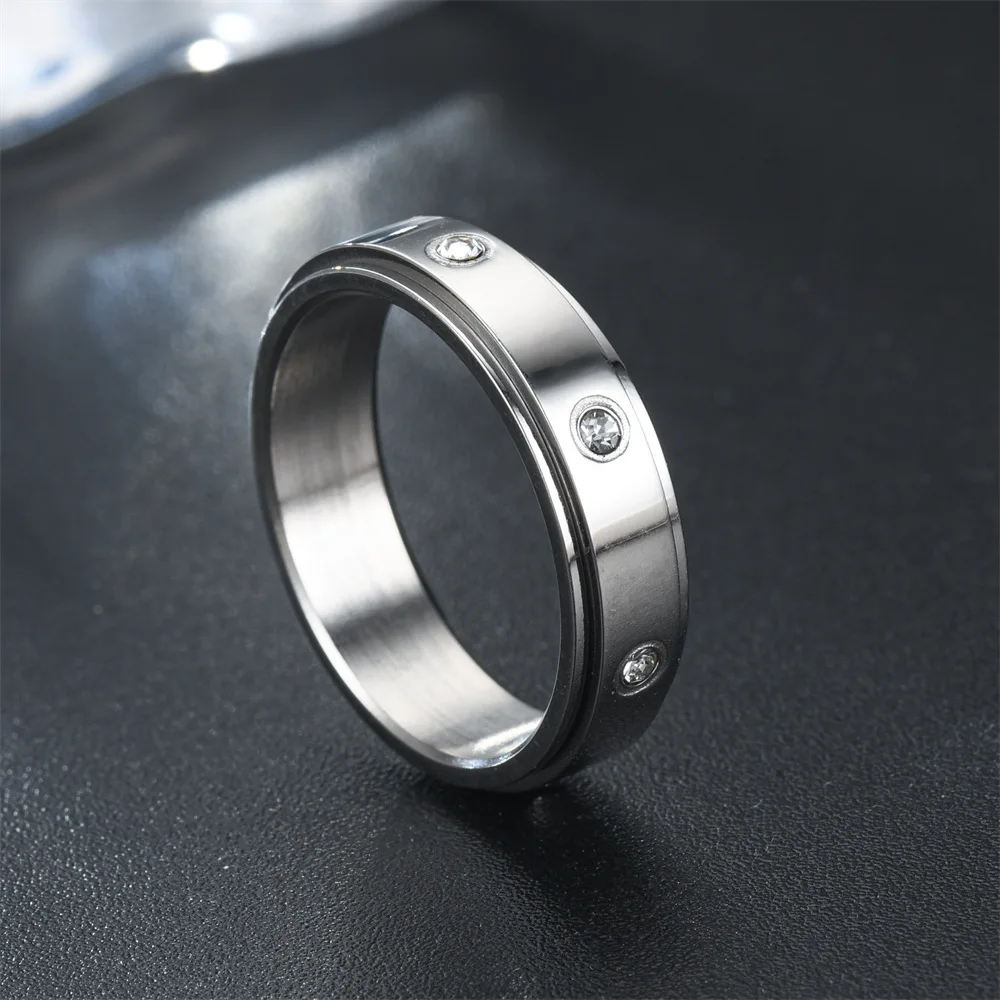Crystal Anxiety Relief Spinning Ring For Couples Stainless Steel Rotate Freely Fidget Spinner Metal Rings Anillo Antiestres