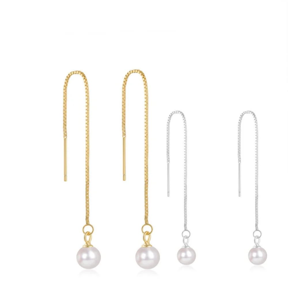 SGARIT Genuine 18K Solid Gold Long Wire Tassel Chain Natural Edison Pearl Pendants Drop Earrings Women's Hanging Earings Jewelry
