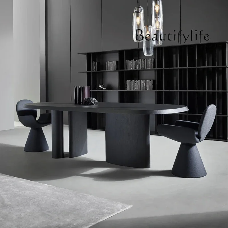 

yj5 Medieval design creative art dining table oval wabi style retro black solid wood home dining table