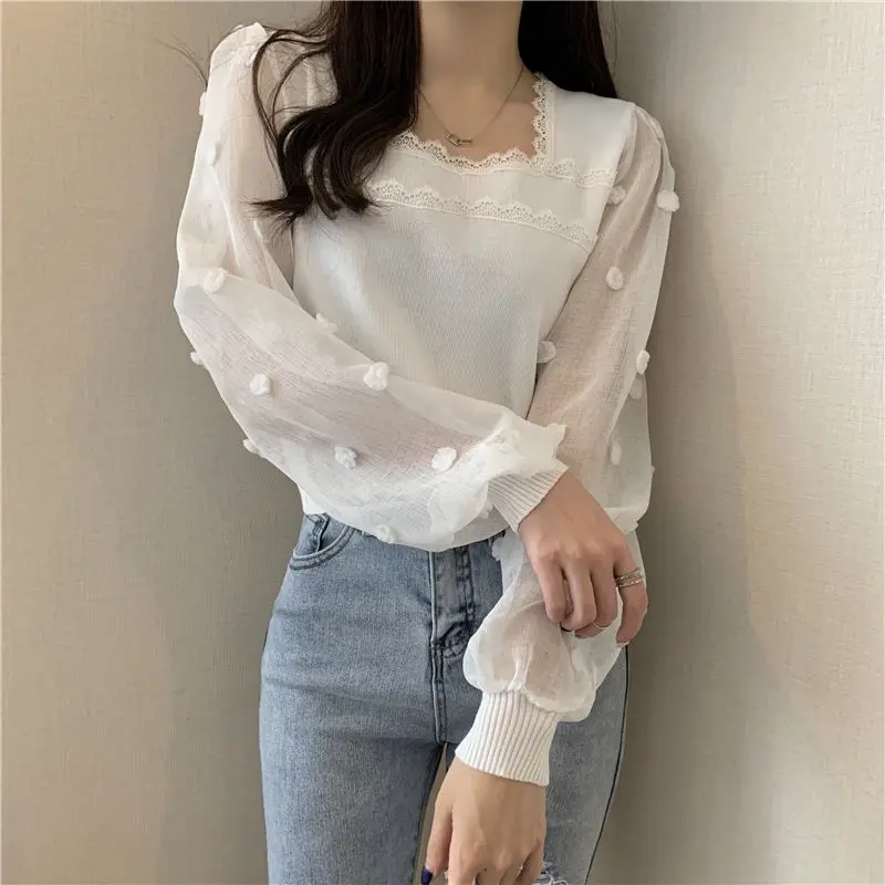 

Femme Spring Summer Korean Fashion Printing Patchwork Solid Color Square Collar Women Clothes All-match Jacquard Chiffon Top Tee