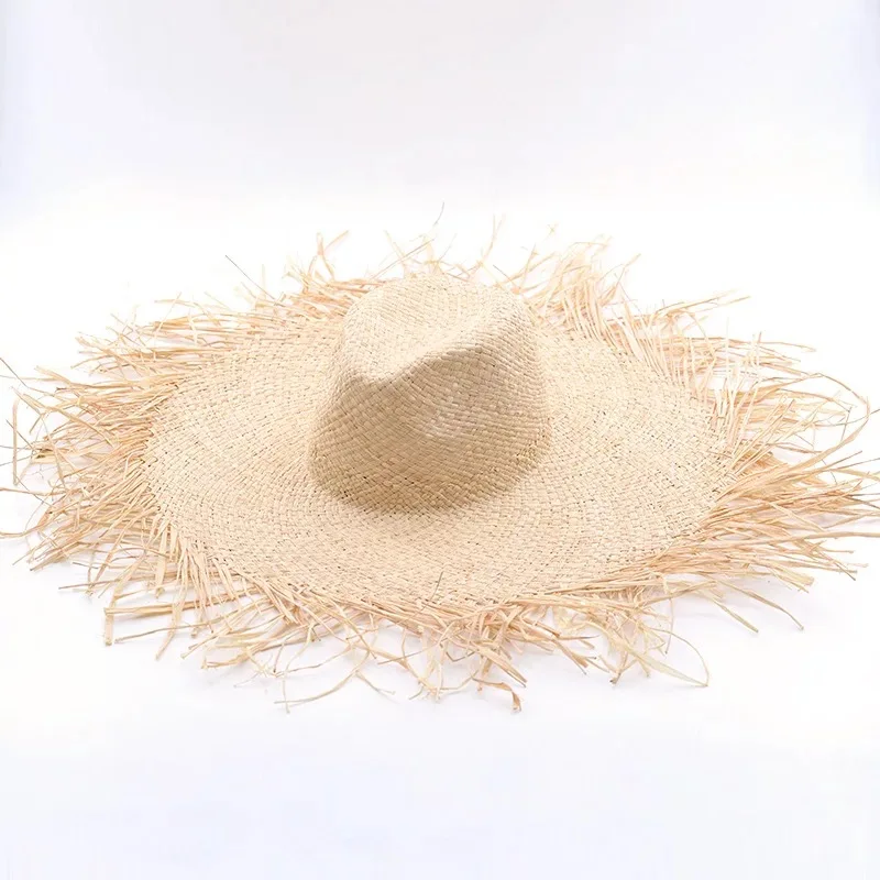 New Band Handmade Women Straw Sun Hats Large Wide Brim Gilrs High Quality Natural Raffia Panama Beach Straw Sun Caps For Holiday