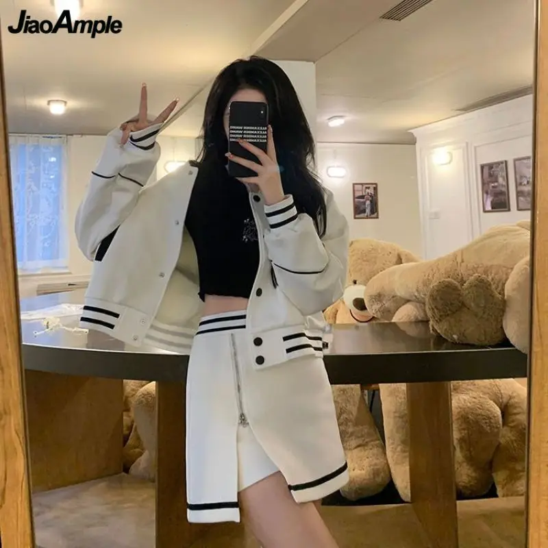 Women Spring Autumn Sports Coat Mini Skirts Two Piece Set 2024 New Lady Baseball Uniform Casual Jacket Zipper Skirt Outfits