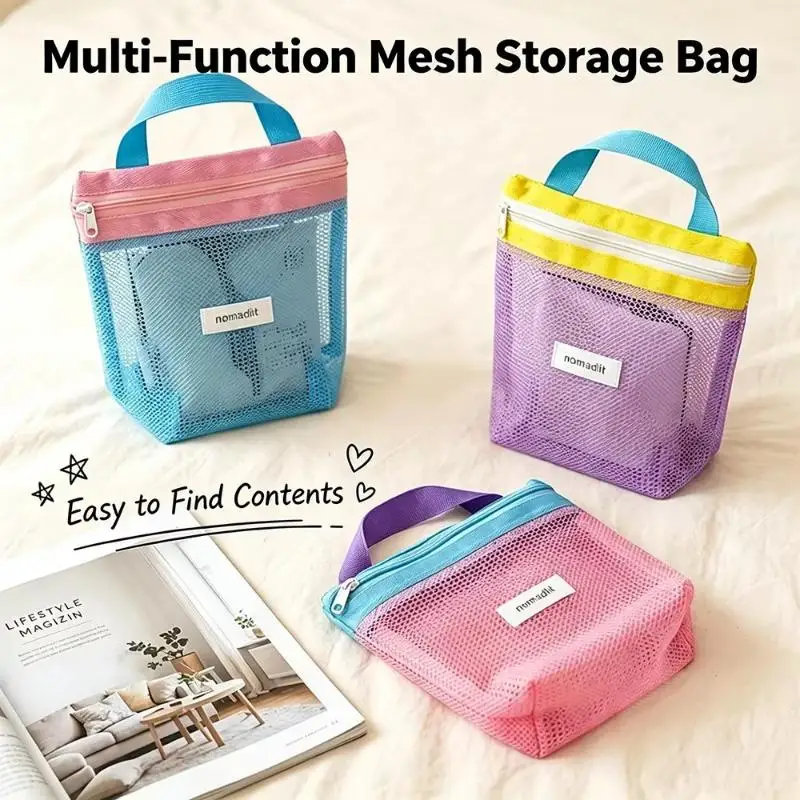 Ins Style Bright Color Summer Mesh Tote Bag Foldable Portable Small Cosmetic Toiletry Handbag for Women