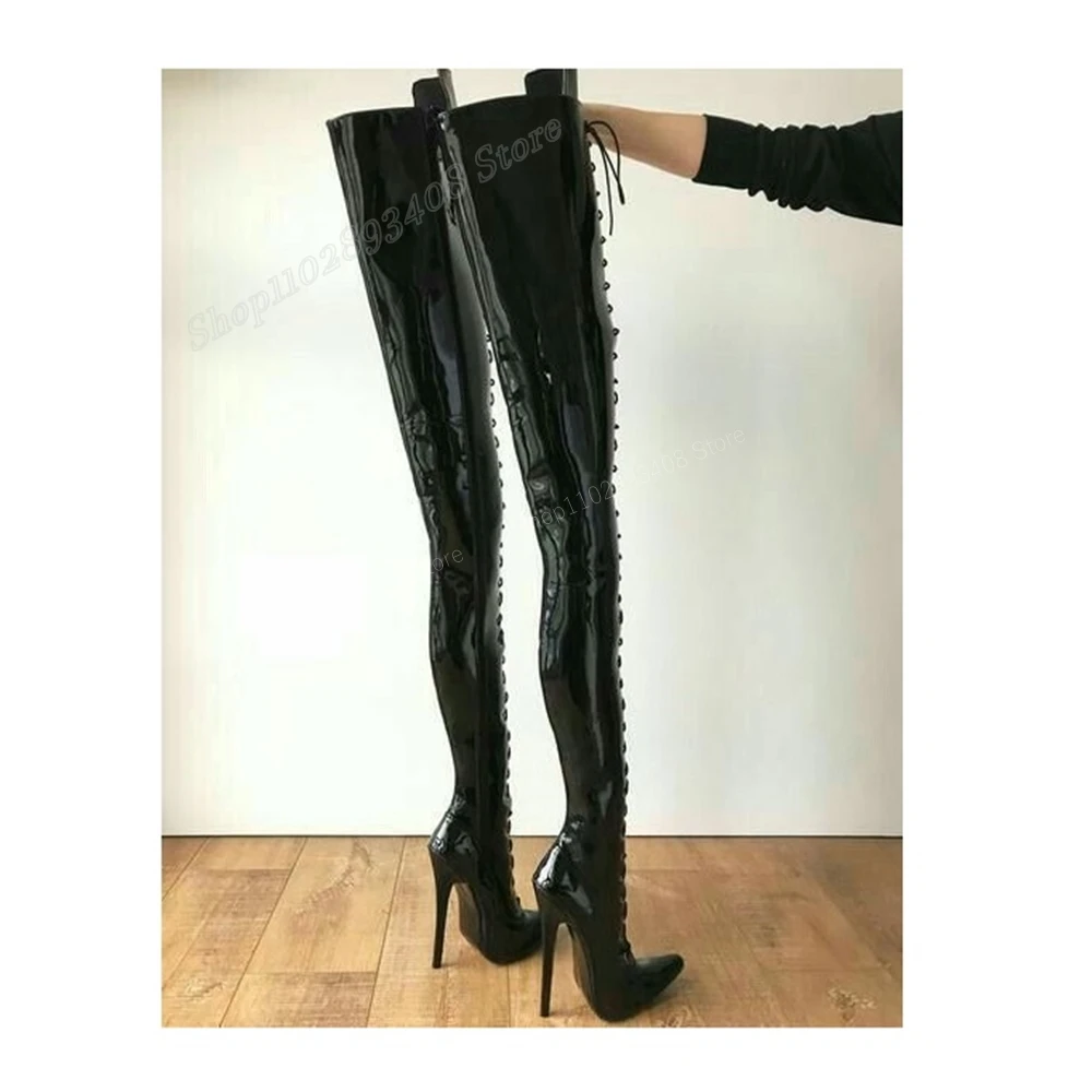 

Black Cross Tied Patent Leather Thigh High Boots Pointed Toe Stiletto High Heel Side Zipper Women Shoes 2024 Zapatos Para Mujere