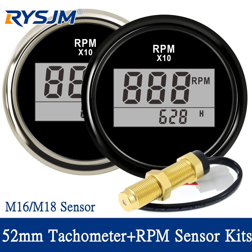 Tacómetro Digital de 52 mm (2'') con Horómetro, Medidor de RPM de 0-9990 RPM con Sensor de RPM M16 M18, Retroiluminación Roja para Automóvil, Barco, Tractor, 12 V, 24 V