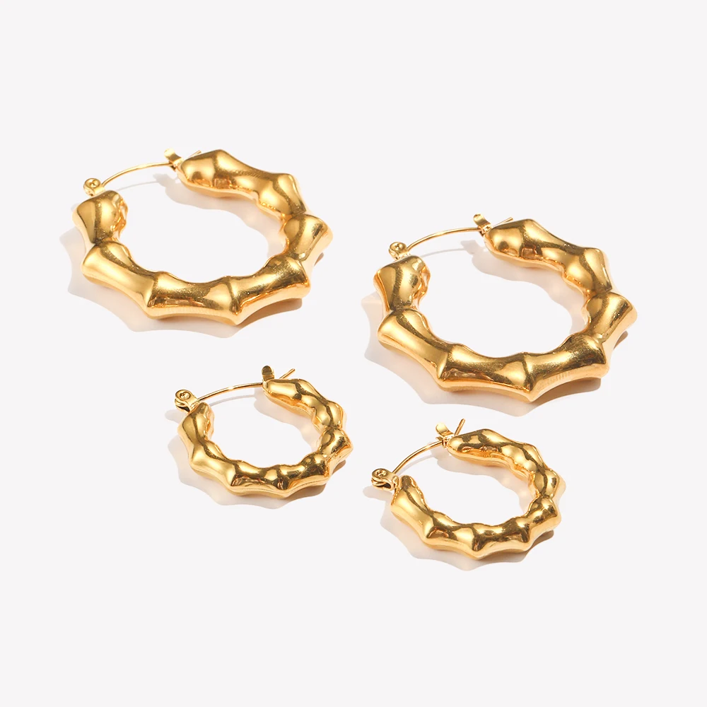 E.B.belle Light Weight Stainless Steel Bamboo Nodes Shape Hoop Earrings For Girls Gold Plated Waterproof Jewelry For Women