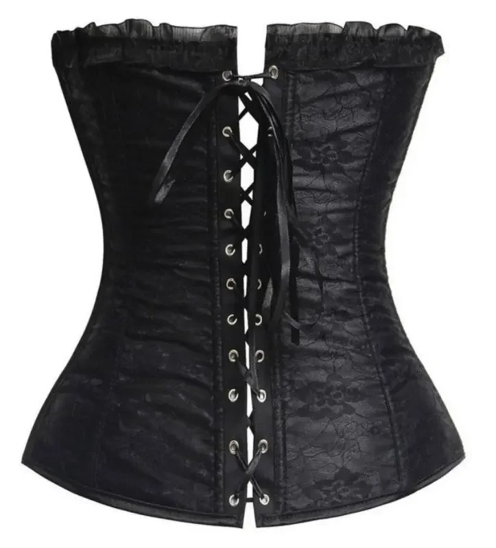 Women's Sexy Satin zipper side Overbust Corset Black Lace Overlay Corsets and Bustiers Waist Trainer Shapewear Espartilho