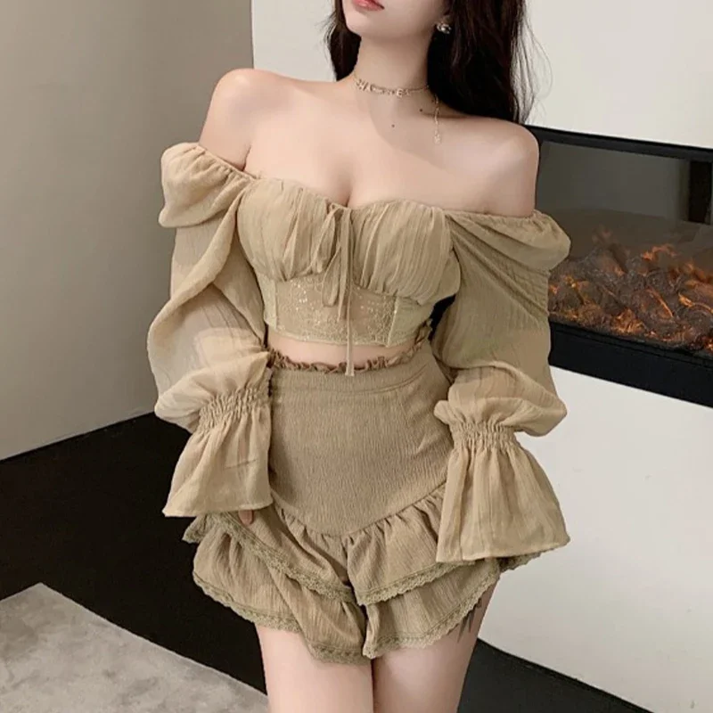 Tops cortos coreanos de manga larga para mujer, blusa transparente con lazo de retazos de Color sólido, camisas informales de estilo dulce