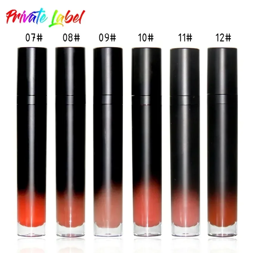 Private Label 12 Kleuren Gradiënt Black Tube Vloeibare Lippenstift Non Stick Cup Waterdicht Langdurig Nude Sexy Lipgloss Bulk