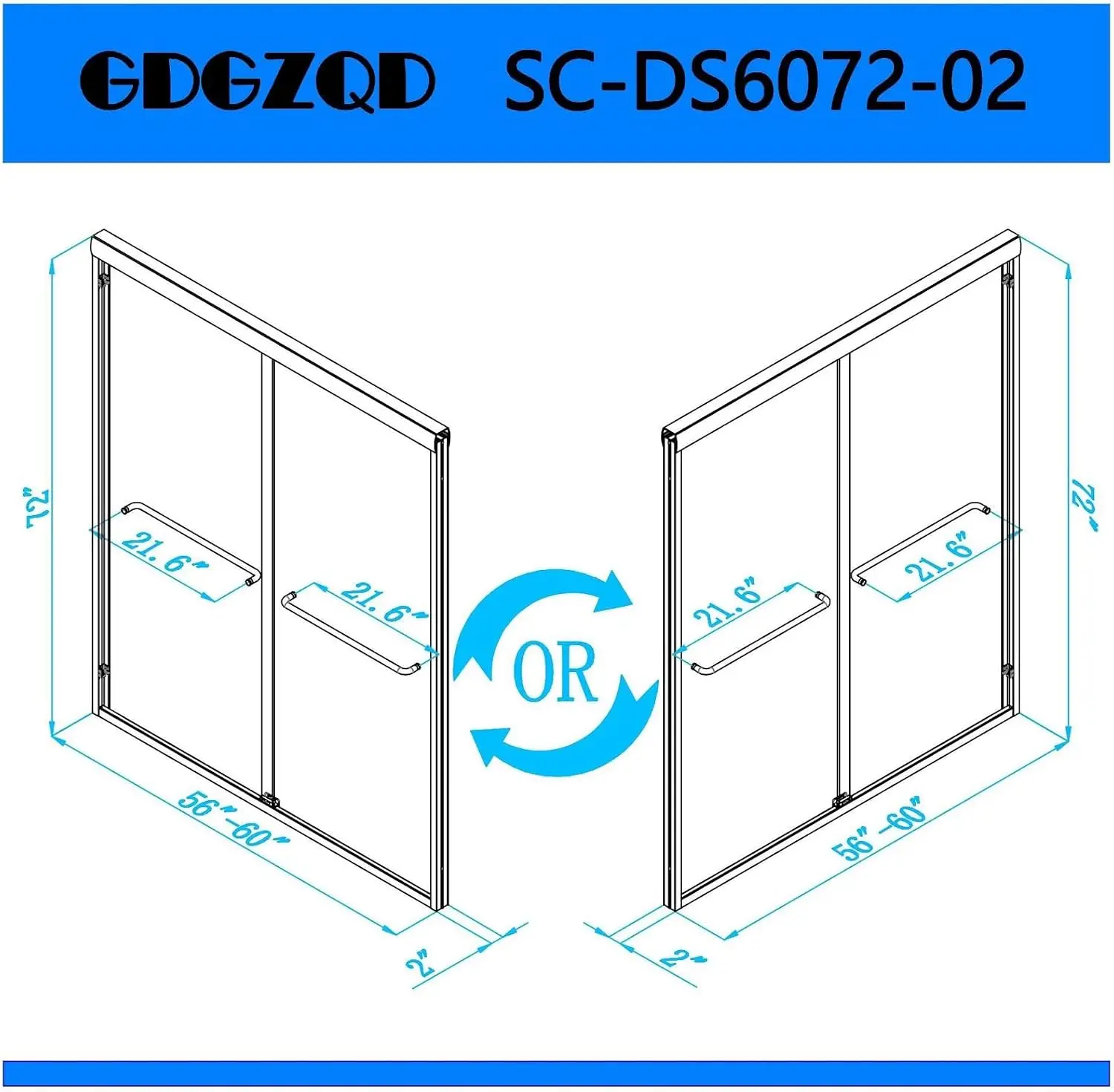 Semi-Frameless Sliding Shower Door W: 60 x H:72 Inches, Bathroom Sliding Door Easy to Install, 1/4 