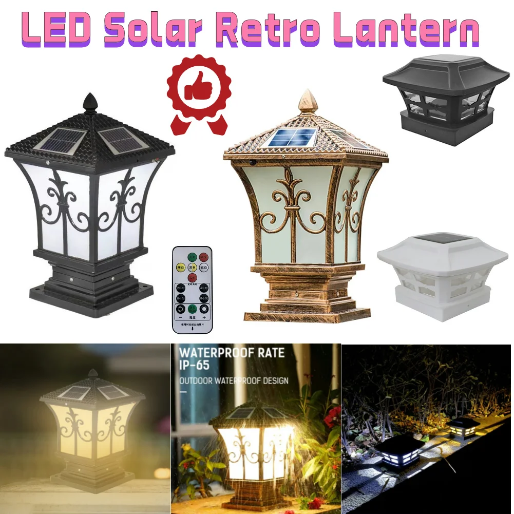 LED Solar Pillar Light Remote Control Retro Lantern Waterproof Outdoor Porch Column Lamp Night Light For Garden Fence Decoration