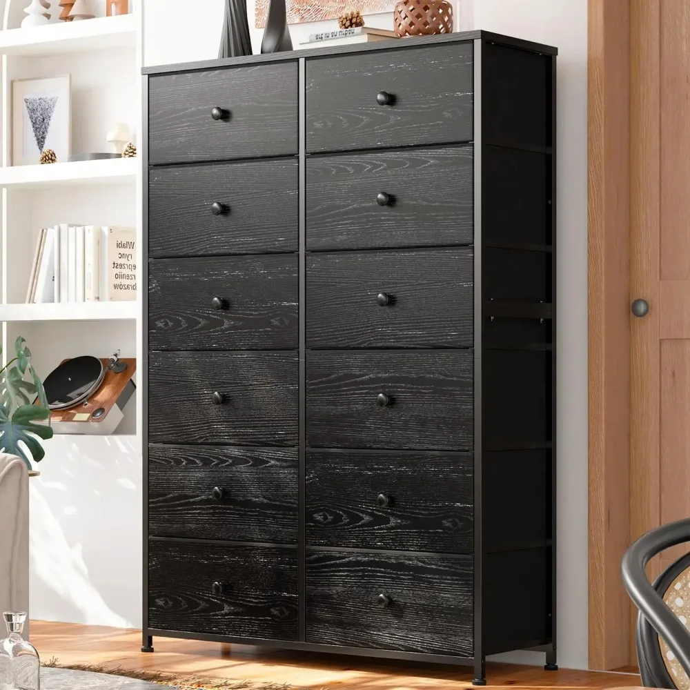 Tall Dressers for Bedroom, 12 Drawer with Wooden Top and Metal Frame, Fabric Dresser & Chest,Closet Living Room,