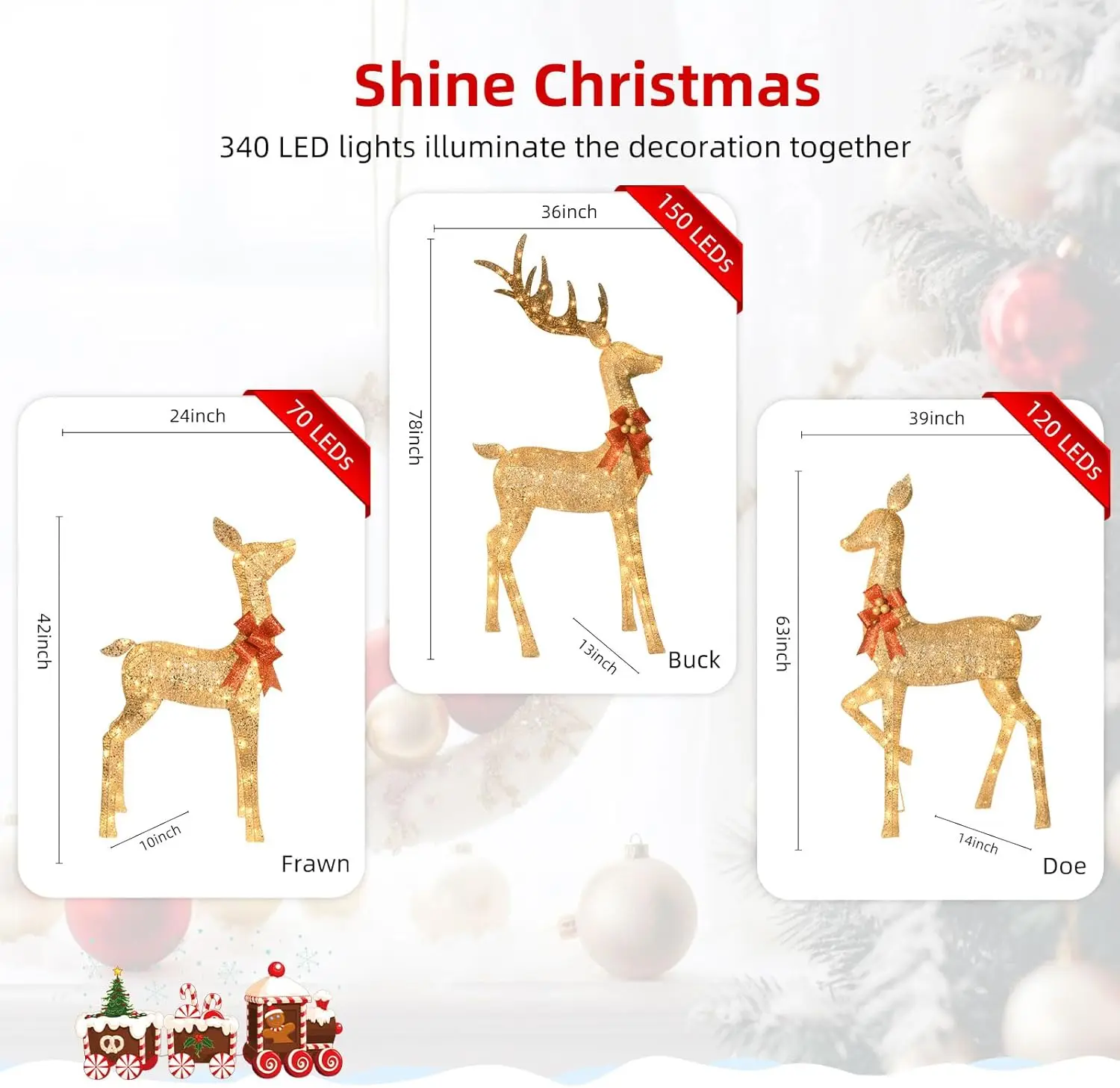 6.5 قدم زينة عيد الميلاد كبيرة الحجم في الهواء الطلق مضاءة الرنة - مجموعة عائلة غزال ثلاثية الأبعاد مكونة من 3 قطع مع 340 مبيعات دافئة · المصنع مباشرة