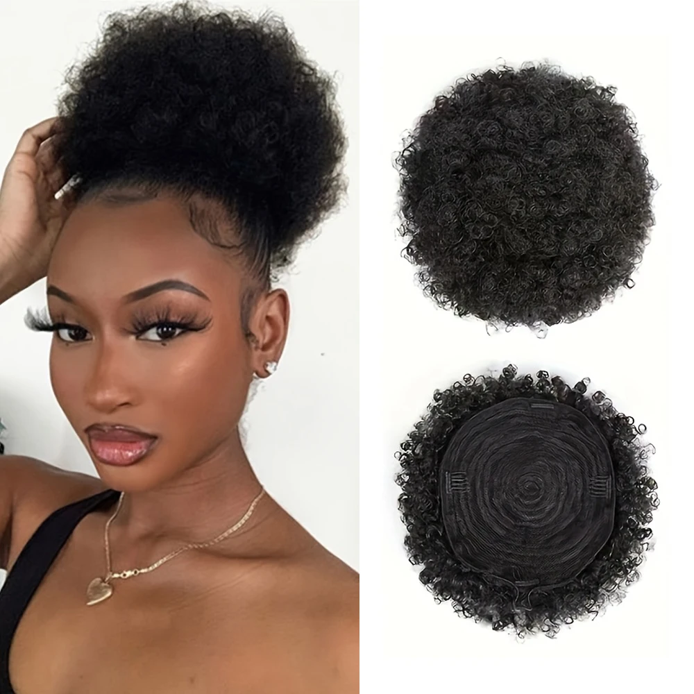 Afro Kinky Puffs 100% Human Hair Buns Ponytail 12A Brazilian Short Curly Drawstring Ponytail Extensions For Black Women