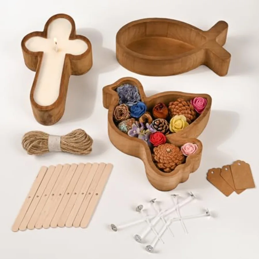 

Paulownia Wood Dough Bowl Set, 3 Pack Christian Candle Holders in Cross, Dove, Fish Shapes, Rustic Decorative Pieces for DIY Ca