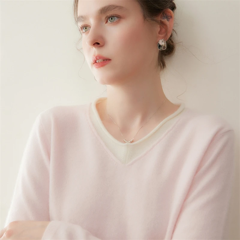 

Women's V-neck Cashmere Sweater Color Blocking Fake Two Pullover Autumn Winter 100% Cashmere Knitwear Basic Loose Clothing Tops