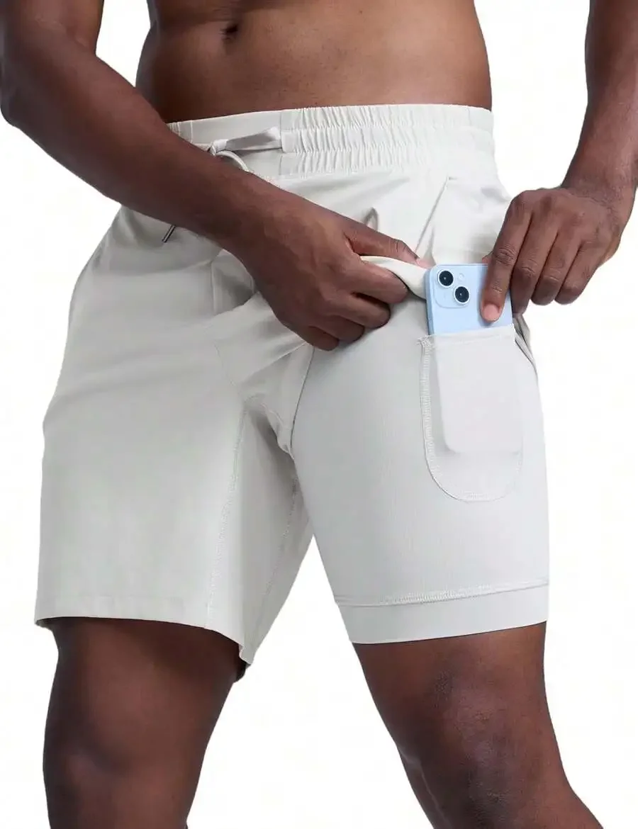 

Mens 2-In-1 Running Shorts 7 Inch Lined Quick-Dry Lightweight With Pockets For Sports Fitness