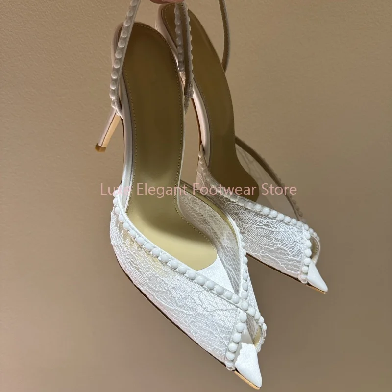 White Lace Pearl Rhinestone Slingback Stiletto Sandals Women Mesh Slip On Pointed Toe High Heels Elegant Elegant Party Prom Shoe
