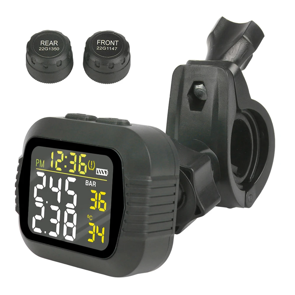 

Motorcycle TPMS Digital Clock LCD Colorful Display Tire Pressure Monitoring System Temperature Alarm With 2 External Sensors