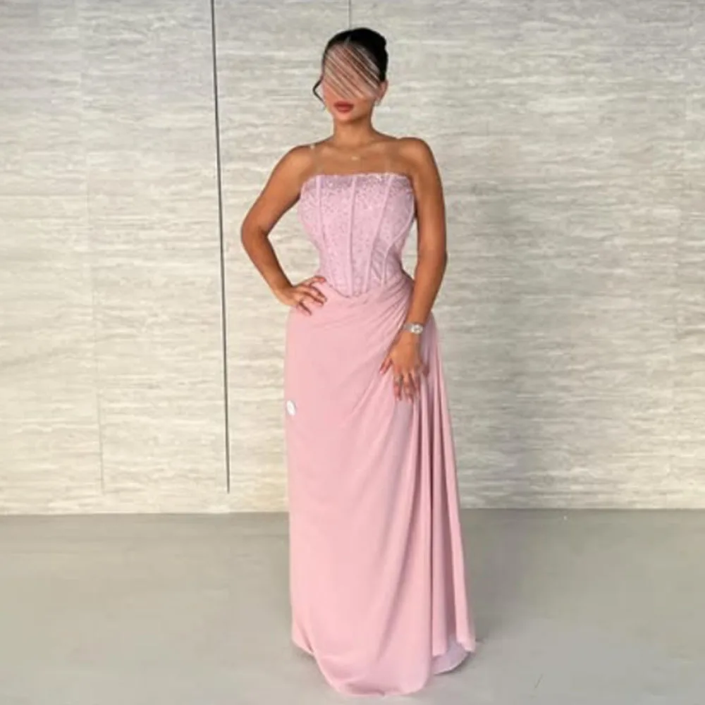 

High Quality Customized Strapless Pink Floor Length Beaded Pleat Vestidos De Fiesta De Lujo Robe De Cérémonie Femmes فساتين سهره