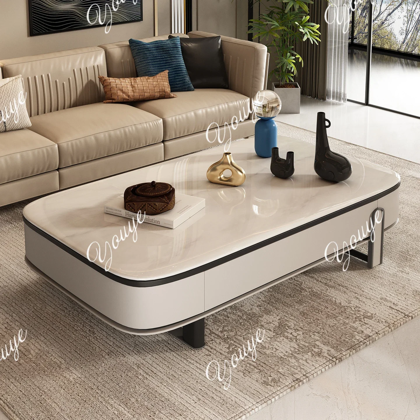 Q Modern small apartment microcrystalline stone coffee table living room double-layer TV cabinet combination hollow design high