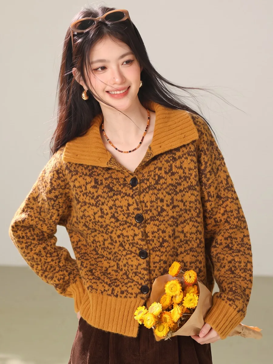 Retro Mixed Color Stand Collar Open Cardigan Sweater Women's Autumn Winter Lazy Style Loose Soft Pumpkin Orange Knitted Jacket