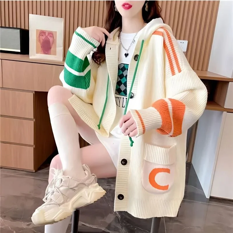 DAYIFUN Loose Hooded Women's Long Sleeved Knitted Cardigan Letter Decoration Contrasting Color Tops Autumn Thick Female Sweaters