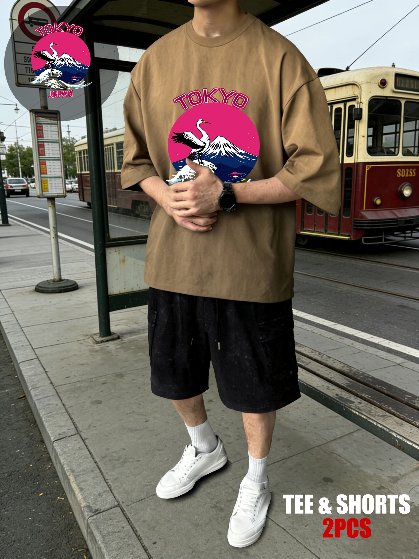 

Мужской комплект: футболка с принтом «Горные волны и журавли» в стиле тай-дай и шорты. Хлопковая повседневная свободная летняя одежда.