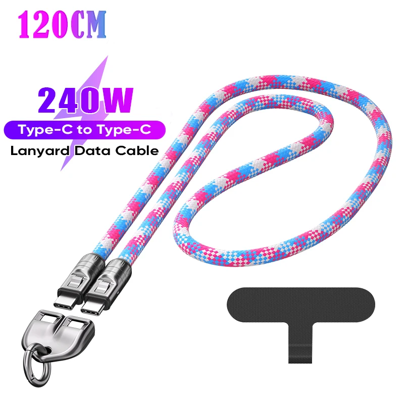 

1.2M Portable 2 in 1 Lanyard 240W PD3.1 Data Cable for Tablet Laptop Camera Macbook Bold Braid Dual Type C Fast Charging Cord