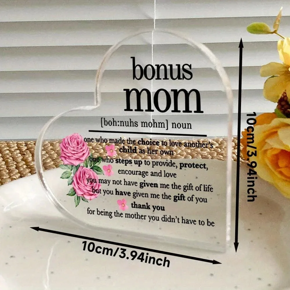 CIFBUY 2D Heart Acrylic Plaque Floral Design Step Mom Sentimental Keepsake Gift Indoor Outdoor Home Office Bedroom Kitchen Decor