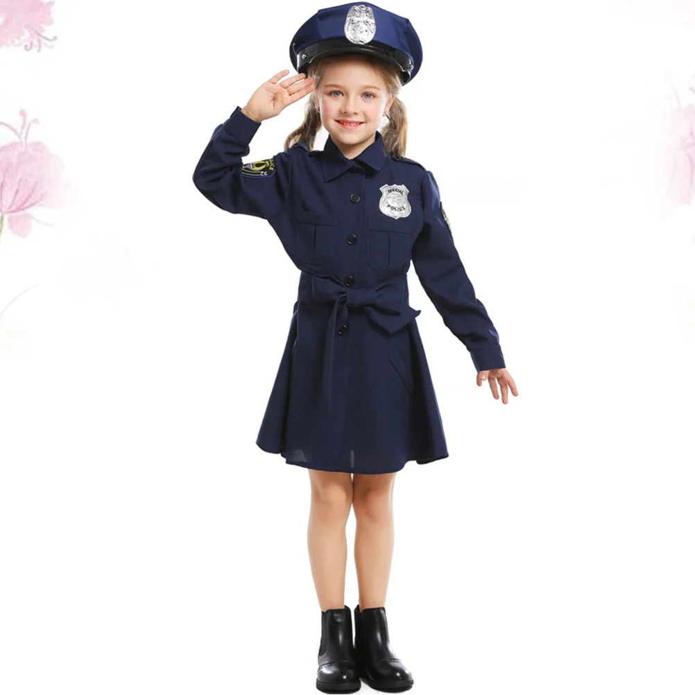 Kids Clothes Role Play Costume Halloween Police Girls Uniform Conjoined Navy Long Sleeve Skirt Child