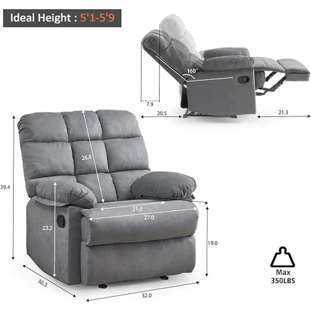 Recliner Chair Overstuffed Manual Rocking Recliner for Adults Fabric Living Room Reclining Sofa