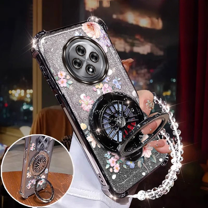 Reno 12F Flower Pattern Circle Plating stand lanyard Phone Case For OPPO Reno 14 14Pro 14F 13F 11 11F 10 12 12Pro 12F 10ProCover