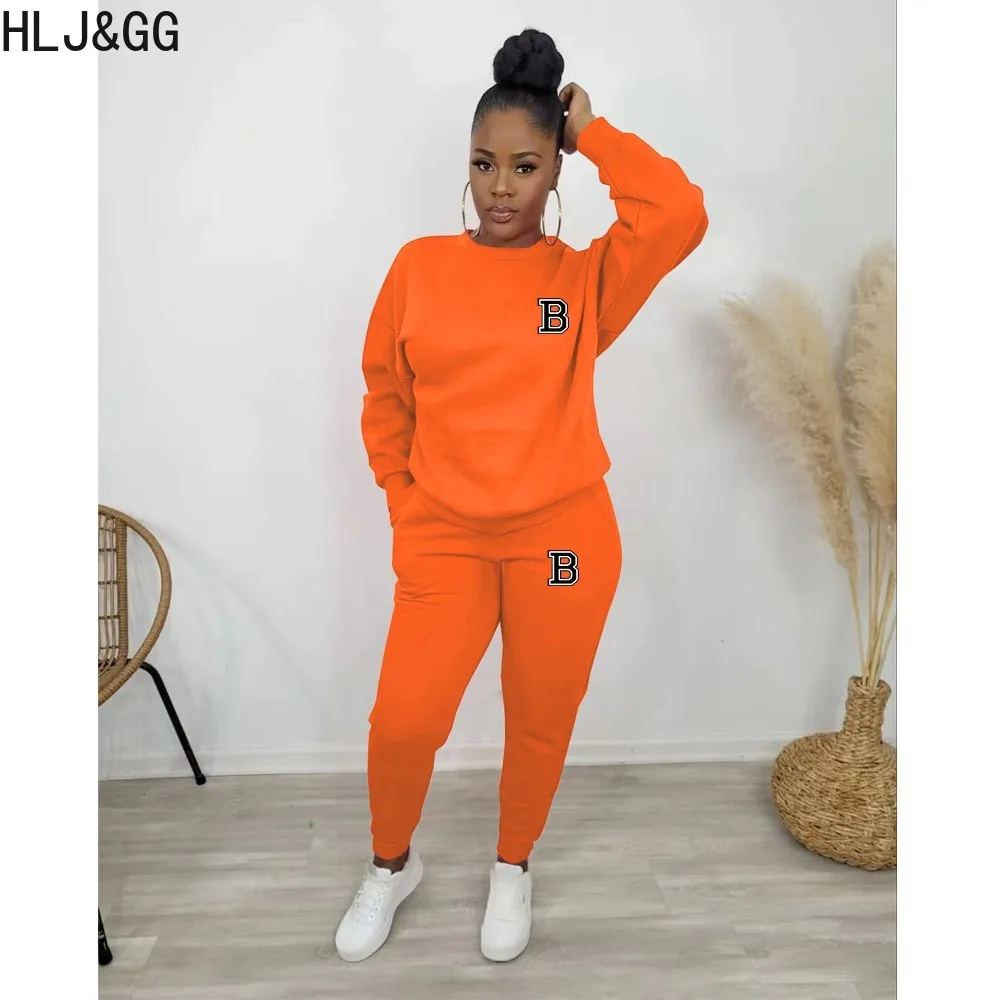 HLJ&GG Casual Letter Print Two Piece Sets Women Round Neck Long Sleeve Pullover And Jogger Pants Tracksuits Female 2pcs Outfits