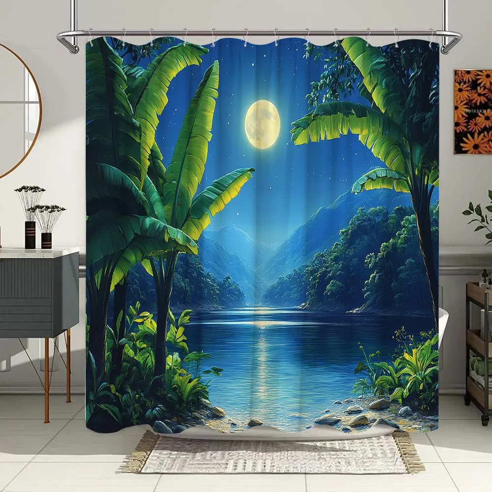 

1 шт. тропическая занавеска для душа — ночная сцена Serene с полной луной, озером, банановыми деревьями и звездным небом — прочный полиэстер