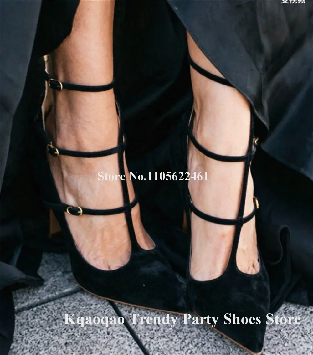 Kqaoqao ELegant Black Red White Suede Stiletto Heel Pumps Pointed Toe T-straps Buckles Thin Heel Wedding Shoes Party Heels