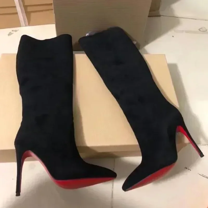 Zapatos de suela roja de cristal para mujer, botas largas de punta estrecha, botines modernos de fiesta, tacones de lujo, alta calidad, moda Sexy, otoño