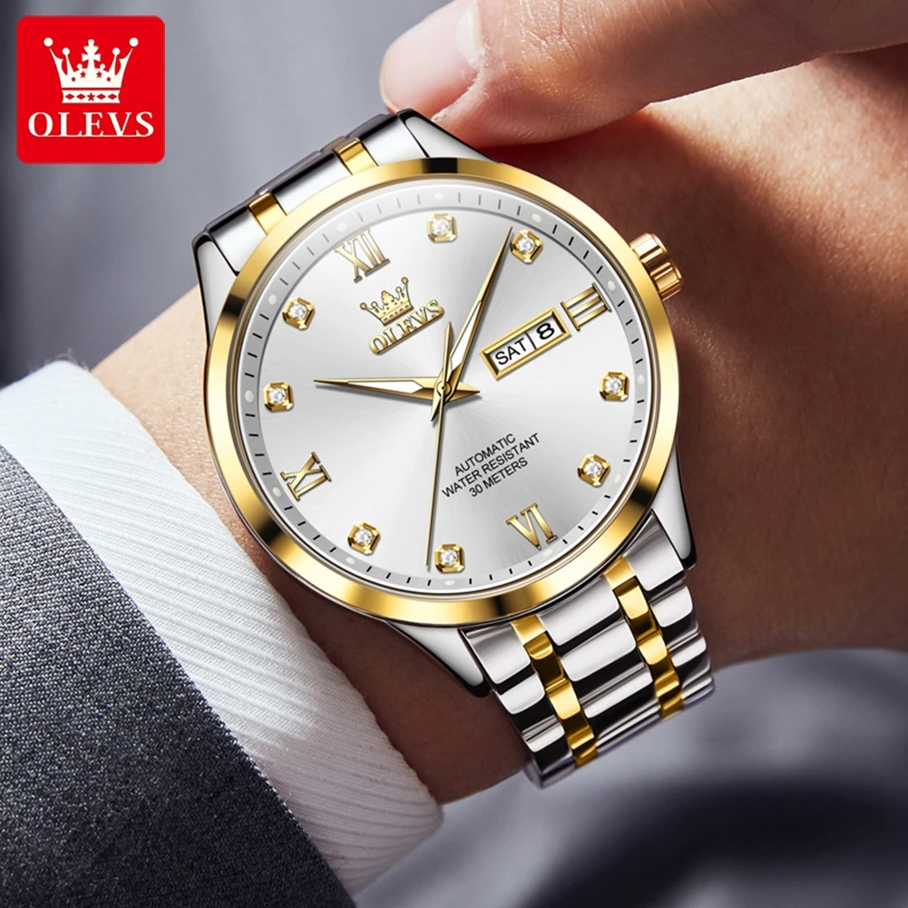 OLEVS 9946 Diamond Scale Men\'s Mechanical Watches Waterproof Dual Calendar Business Top Luxury Original Automatic Watch for Men