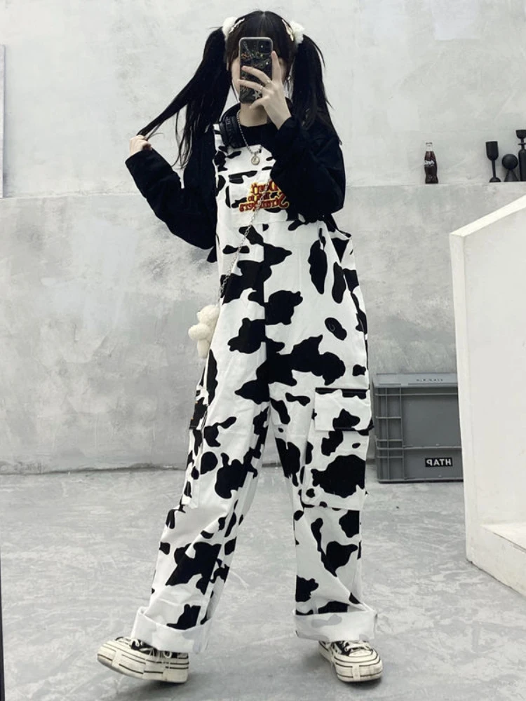 HOUZHOU Hippie Kuh Drucken Overalls Harajuku Kuh Gemusterte Hosen Koreanische Stil Overalls Casual Baggy Breite Bein Hosen Frühling 2022