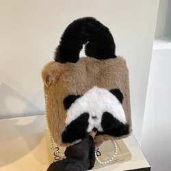 Lovely Fashion Advanced Feeling Handbags 2024 New Mink Fur Panda Cartoon Large Capacity Versatile Western Style Crossbody Bag