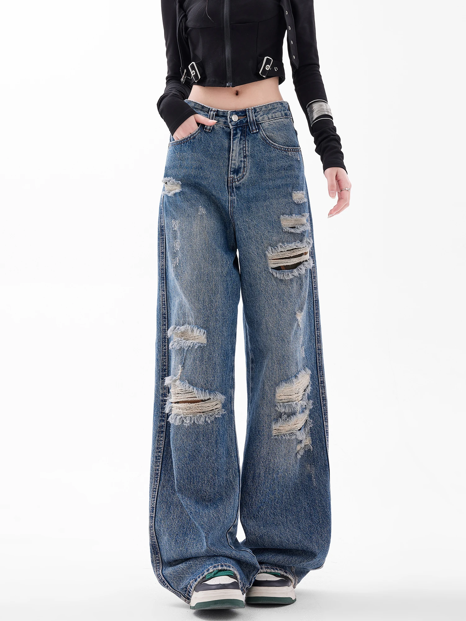 

Американские винтажные джинсовые брюки с дырками, женские осенние широкие брюки, дизайнерские прямые джинсы с высокой талией, хлопок