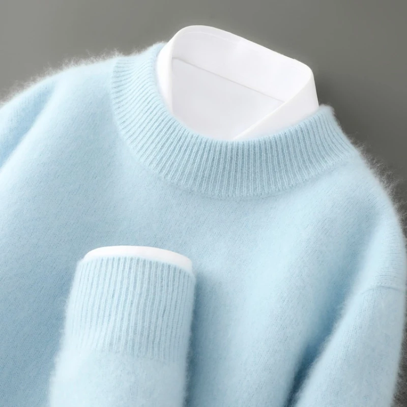 

Men's 100% Wool Sweater, One-Piece Knit Semi-High Neck, Autumn-Winter Thermal, 12 Colors