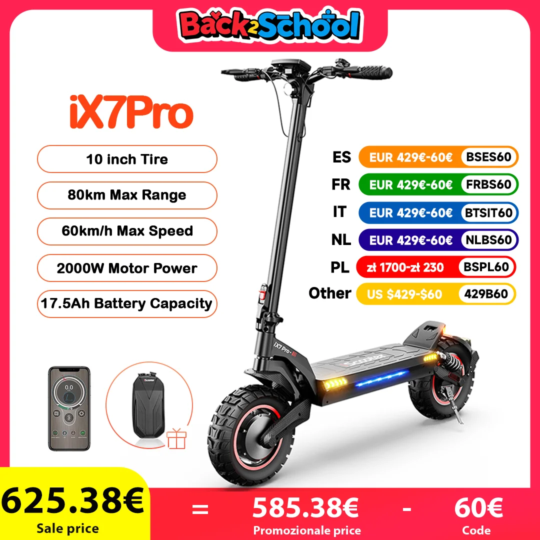 Ix7pro Scooter elettrico 17.5Ah 2000W Dual Drive Scooter 10 pollici antiscivolo fuoristrada pneumatico Kick Scooter 60 KM/H velocità con APP