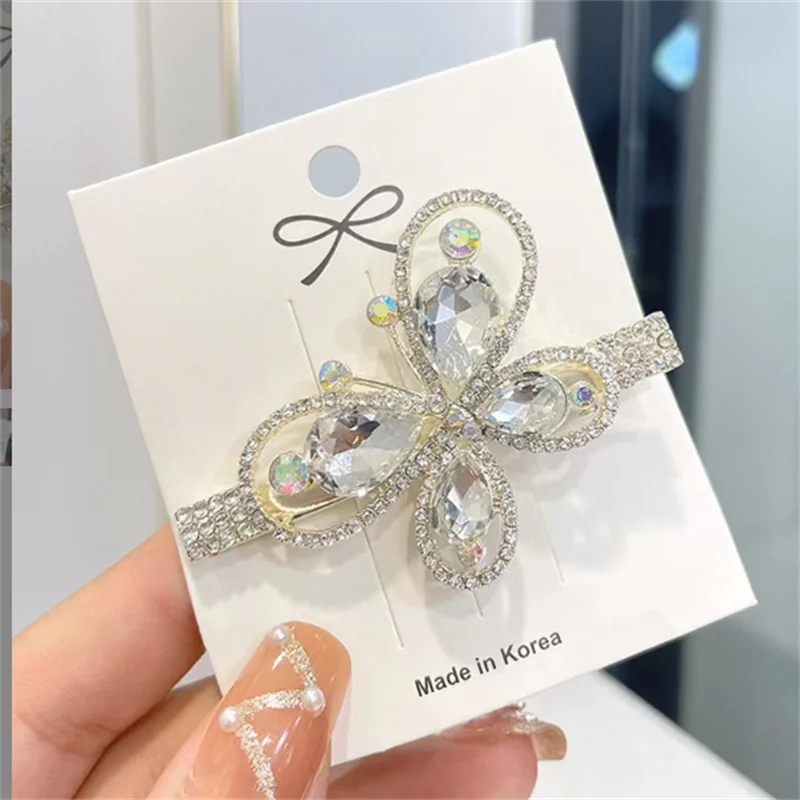 2024 internet celebrity hot hair clip girl bow pearl crystal edge clip temperament side duckbill clip hair accessory