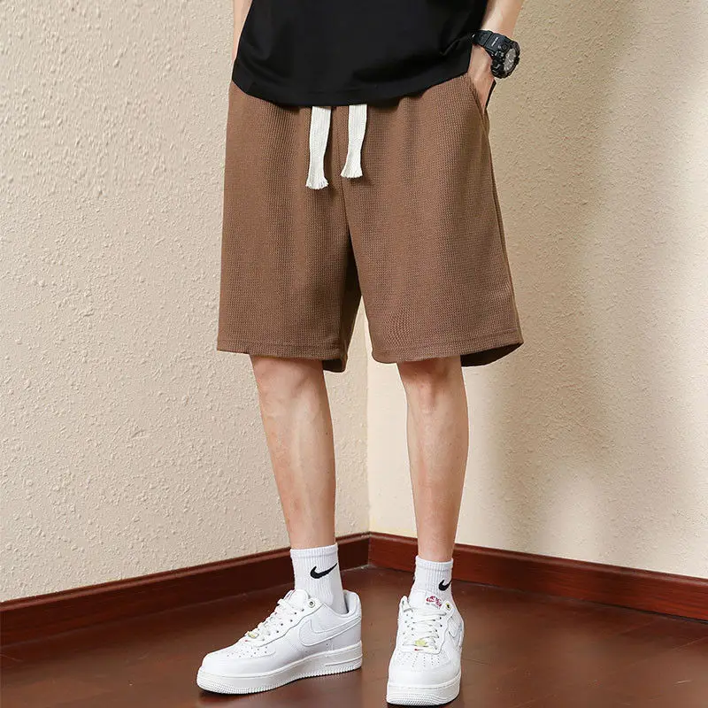 Summer Fashion Versatile Waffle Loose Casual Shorts Men Solid Elastic Waist Drawstring Pocket Breathable Thin Sport Short Pants