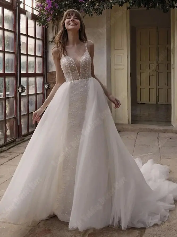 Vestidos de casamento branco boho em V profundo para mulheres, decalques populares, vestidos de noiva sereia, vestido de princesa superfície brilhante, 2024