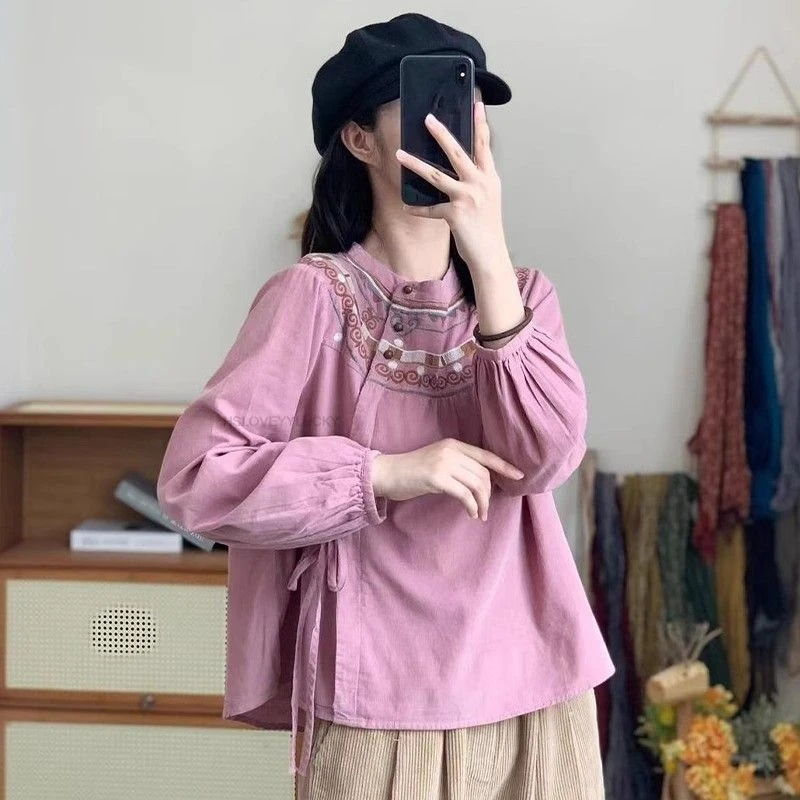 女性のレジャーエスニックスタイルシャツ春中国風のレトロ刺繍ルーズコットンとリネンタイアップ女性ブラウス