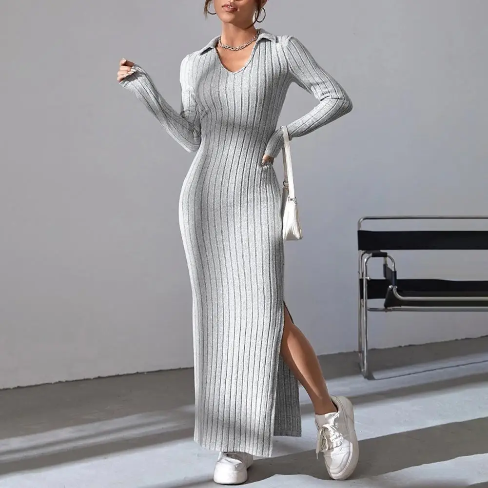 Women Clothing Elegant V Neck Maxi Dress for Women Spring Fall with Slit Hem Long Sleeves for Shopping Dating Parties Slim Fit