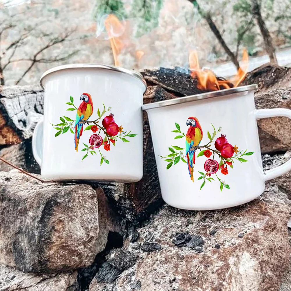 Tourist Mug Beer Cup Parrot and Pomegranate Enamel Mug Coffee Mugs Unusual Tea Cup Personalized Gift Drinkware Custom Cups Gifts