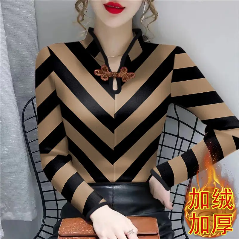 Women\'s Half High Neck Button Thick Bottom Autumn and Winter New Commute Printed Striped Long Sleeve Pullover T-shirt Slim Tops